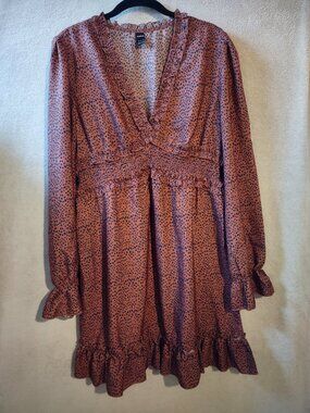 SHEIN Rust Brown Animal Print Ruffle Mini Dress Women’s Size Small Boho V-Neck